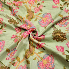 Multi-color Floral Digital Print on Pista Green Organza Fabric with Handwork