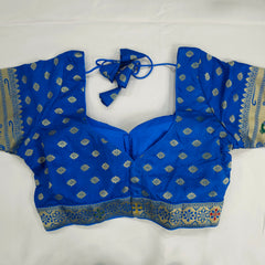 Embroidered Blue Silk Brocade Blouse with Sweetheart Neckline