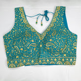 Embroidered Blue Silk Blouse with Attached Sleeves and Curvy V Neckline
