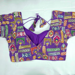 Embroidered Indigo (Violet) Blouse - Sweetheart Neckline with tie -up dori