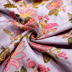 Multi-color Floral Digital Print on Lilac Organza Fabric with Handwork