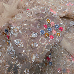 Multicolor Floral Embroidered Beige Net Fabric with White Beads, Cutdana & Sequins