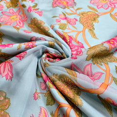 Multi-color Floral Digital Print on Powder Blue Organza Fabric with Handwork