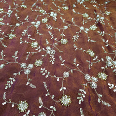 Mirha Hand Embroidered Brown Organza Shimmer Tissue with intricate Floral Sequin Embroidery