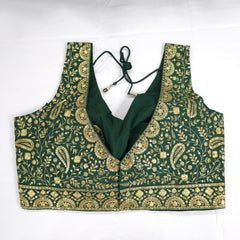 Embroidered Green Silk Blouse with Attached Sleeves and Curvy V Neckline