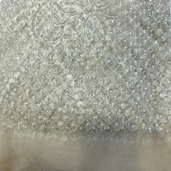 Ivory Embroidered Net Fabric with Heavy Sequins, Beads & Pearl Work