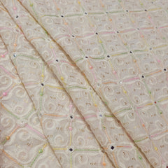 Pastel Color Embroidered Off-White Dyeable Georgette Fabric in Geometric & Floral Pattern with Mirror Highlights