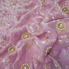 Mirha Hand Embroidered Pink Organza Shimmer Tissue with Floral Sequin Embroidery