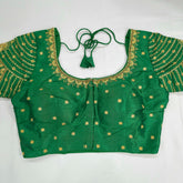 Embroidered Light Green Raw Silk Blouse with Round Neckline