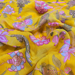 Multi-color Floral Digital Print on Mustard Organza Fabric with Handwork