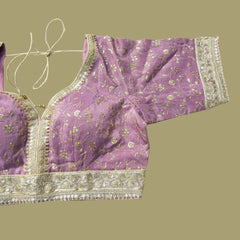 Embroidered Shimmer Lilac Blouse with Half Sleeves and Sweetheart Neckline