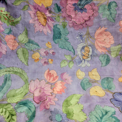 Multi-color Floral Digital Print on Purple Organza Fabric with Handwork