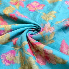 Multi-color Floral Digital Print on Sky Blue Organza Fabric with Handwork