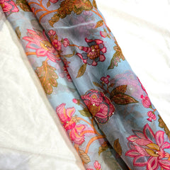 Multi-color Floral Digital Print on Powder Blue Organza Fabric with Handwork