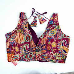 Embroidered Wine Blouse with Attached Sleeves and V Neckline