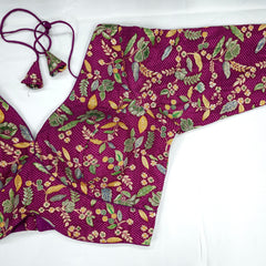 Embroidered Purple Silk Brocade Blouse with Curvy V Neckline