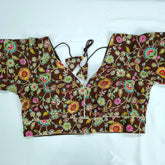 Embroidered Brown Blouse with Half Sleeves and V Neckline