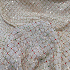 Embroidered Dyeable shimmer Tissue Fabric with Checkered Pattern Golden, Green & Red Cutdana Work