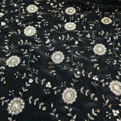 Mirha Hand Embroidered Black Organza Shimmer Tissue with Floral Sequin Embroidery