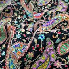 Black Crepe Base Fabric with Multicolor Embroidery & Zari, Sequin work