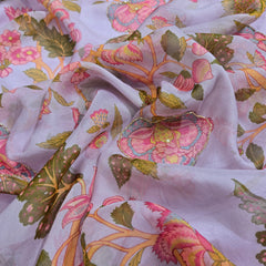 Multi-color Floral Digital Print on Lilac Organza Fabric with Handwork