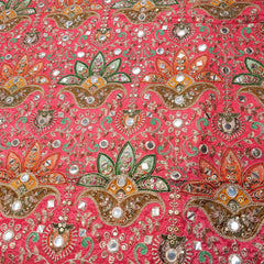 Dark Coral Color Crepe Fabric with Multicolor Embroidery & Mirror Highlights