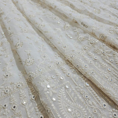 Embroidered White Dyeable Georgette Fabric with Floral work, Sequin Highlights & Paisley Border