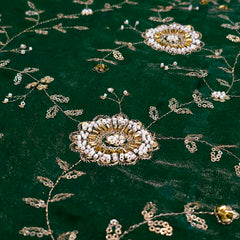 Mirha Hand Embroidered Dark Green Organza Shimmer Tissue with Floral Sequin Embroidery