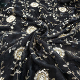 Mirha Hand Embroidered Black Organza Shimmer Tissue with Floral Sequin Embroidery