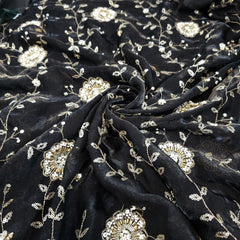 Mirha Hand Embroidered Black Organza Shimmer Tissue with Floral Sequin Embroidery