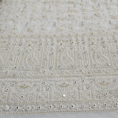 Embroidered White Dyeable Georgette Fabric with Floral work, Sequin Highlights & Paisley Border