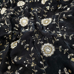 Mirha Hand Embroidered Black Organza Shimmer Tissue with Floral Sequin Embroidery