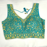 Embroidered Teal Blue / Firozi Blouse with Attached Sleeves and Curvy V Neckline