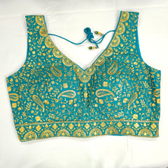 Embroidered Teal Blue / Firozi Blouse with Attached Sleeves and Curvy V Neckline