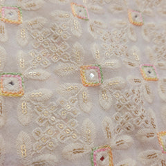 Pastel Color Embroidered Off-White Dyeable Georgette Fabric in Geometric & Floral Pattern with Mirror Highlights