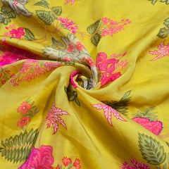 Multi-color Floral Digital Print on Pale Yellow Organza Fabric with Handwork