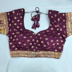 Embroidered Wine Silk Brocade Blouse with Sweetheart Neckline