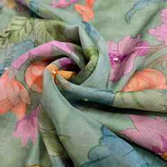 Multi-color Floral Digital Print on Mint Green Organza Fabric with Handwork