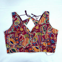 Embroidered Wine Blouse with Attached Sleeves and V Neckline