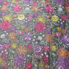 Multi-color Floral Resham work on Grey Soft Organza with Sequin Highlights