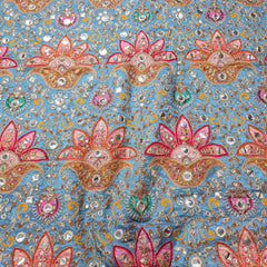 Ocean Blue Color Crepe Fabric with Multicolor Embroidery & Mirror Highlights