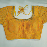 Embroidered Yellow Raw Silk Blouse with Round Neckline