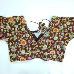 Embroidered Brown Blouse with Half Sleeves and V Neckline