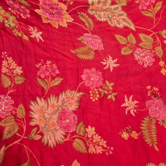 Multi-color Floral Digital Print on Red Organza Fabric with Handwork