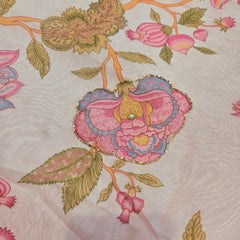 Multi-color Floral Digital Print on Peach Organza Fabric with Handwork
