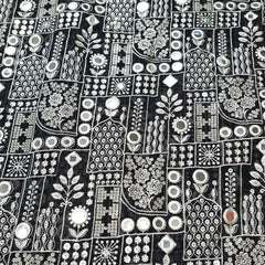 Black Georgette Fabric with Intricate White Resam Embroidery and Mirrorwork