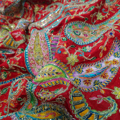 Bright Red Crepe Base Fabric with Multicolor Embroidery & Zari, Sequin work