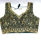 Embroidered Dark Green Blouse with Attached Sleeves and Curvy V Neckline