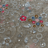 Multicolor Floral Embroidered Beige Net Fabric with White Beads, Cutdana & Sequins