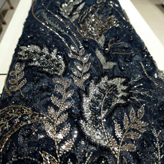 Midnight Blue Color Embroidered Net Fabric with Cutdana & Sequin Work